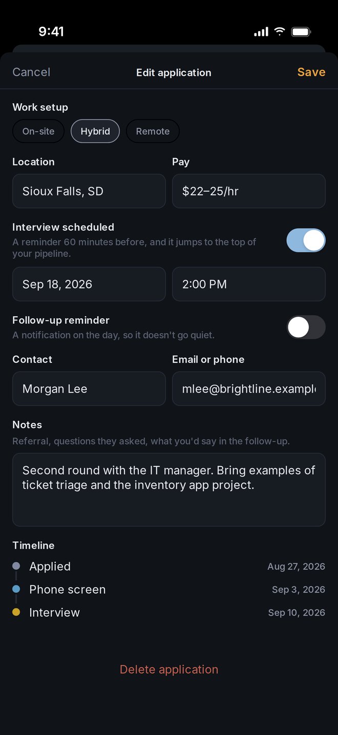 An application with work setup, pay, interview time, contact, notes, and a dated timeline