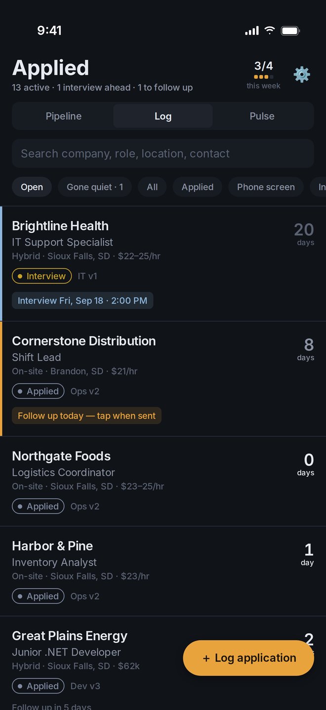 Log view with an upcoming interview and an overdue follow-up at the top